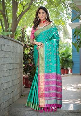 Sea Green Zari Woven Patola Silk Saree Set