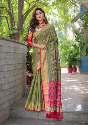 Olive Green Zari Woven Patola Silk Saree Set