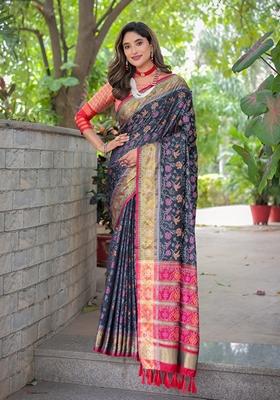 Black Zari Woven Patola Silk Saree Set