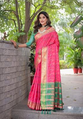 Pink Zari Woven Patola Silk Saree Set