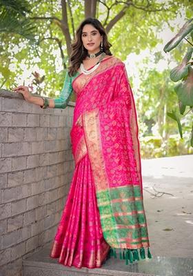 Rani Pink Zari Woven Patola Silk Saree Set