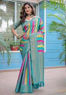 Turquoise Zari Woven Kanjivaram Pattu Silk Saree Set