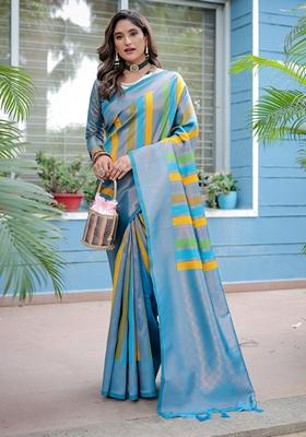 Sky Blue Zari Woven Kanjivaram Pattu Silk Saree Set