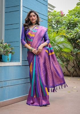 Purple Zari Woven Kanjivaram Pattu Silk Saree Set