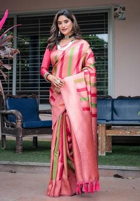 Peach Zari Woven Kanjivaram Pattu Silk Saree Set