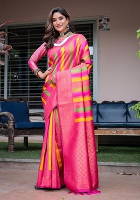 Pink Zari Woven Kanjivaram Pattu Silk Saree Set