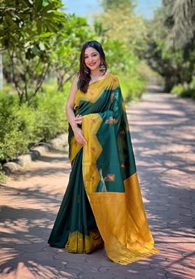 Bottle Green Zari Woven Banarasi Silk Saree Set