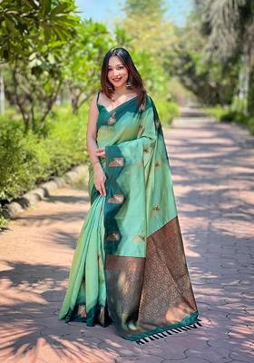 Sea Green Zari Woven Banarasi Silk Saree Set