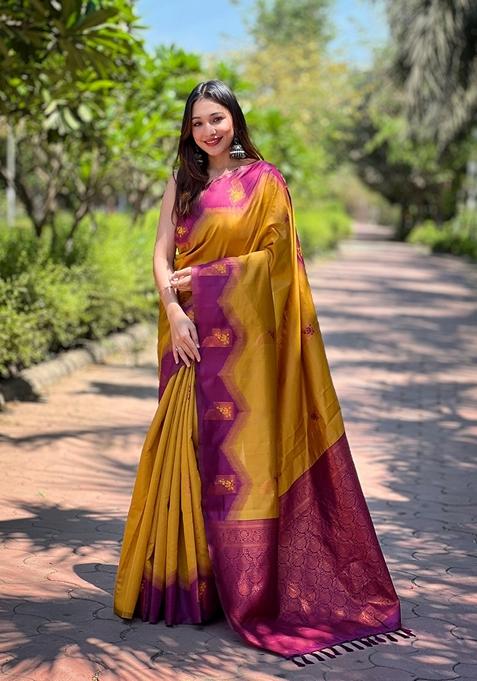 Mustard Zari Woven Banarasi Silk Saree Set