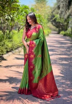 Green Zari Woven Banarasi Silk Saree Set