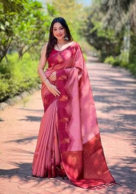 Peach Zari Woven Banarasi Silk Saree Set