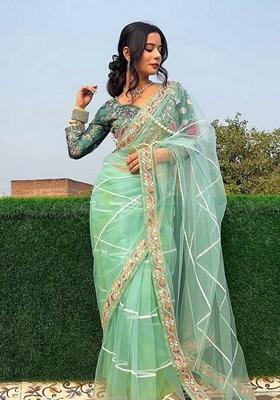 Light Green Sequin Thread Embroidered Net Saree Set