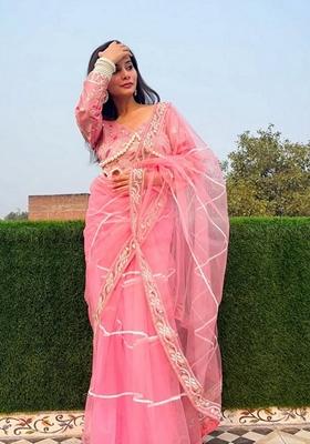 Light Pink Sequin Thread Embroidered Net Saree Set