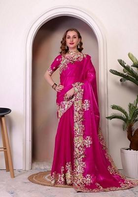 Rani Pink Sequin Thread Embroidered Zimichhu Saree Set