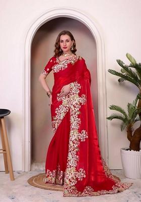 Red Sequin Thread Embroidered Zimichhu Saree Set