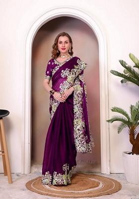 Wine Sequin Thread Embroidered Zimichhu Saree Set