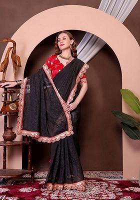 Black Sequin Thread Embroidered Georgette Saree Set