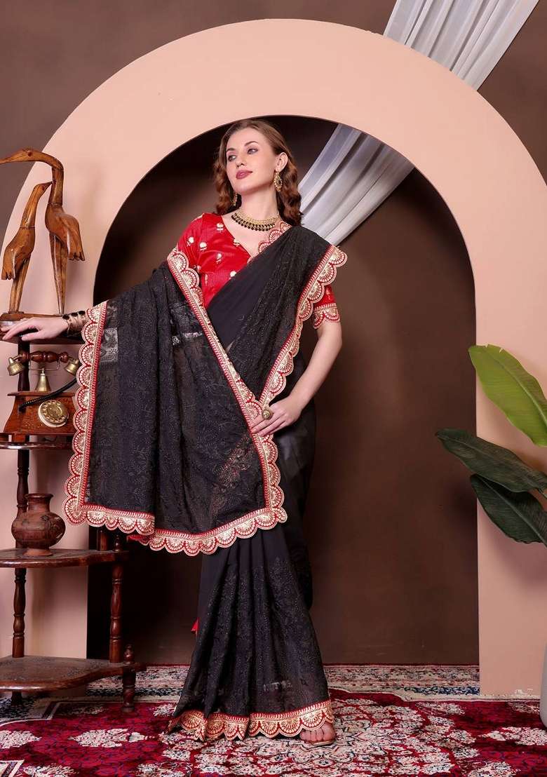 Black Thread Georgette Saree Set with Embroidered & Sequin for Diwali | Wedding & Festive Wear - Indya