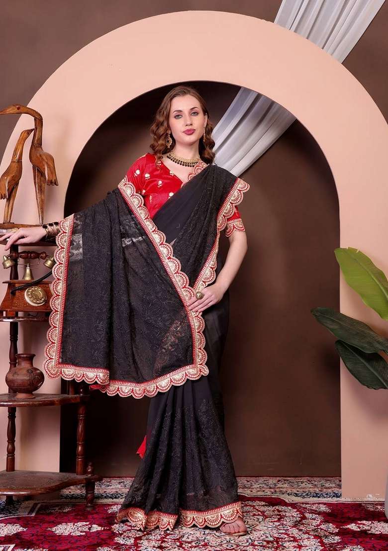 Black Thread Georgette Saree Set with Embroidered & Sequin for Diwali | Wedding & Festive Wear - Indya