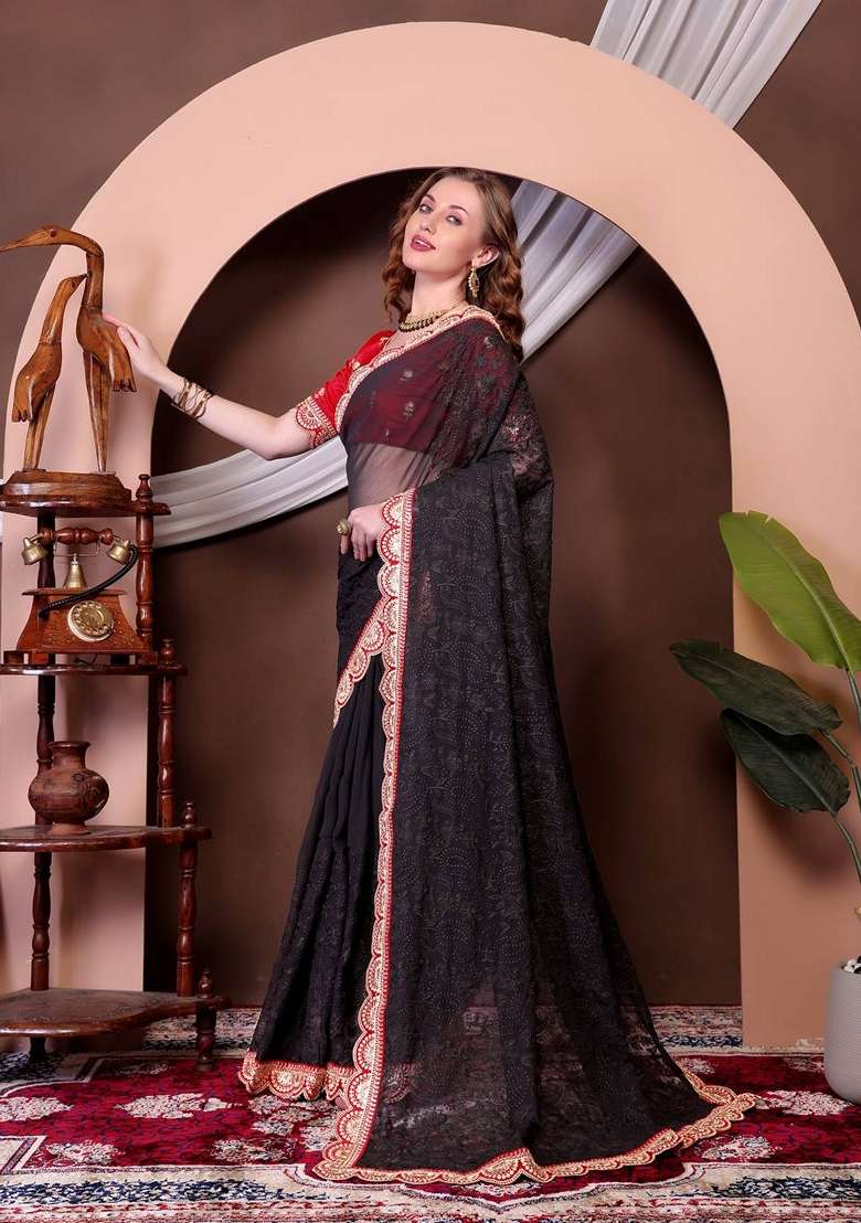 Black Thread Georgette Saree Set with Embroidered & Sequin for Diwali | Wedding & Festive Wear - Indya