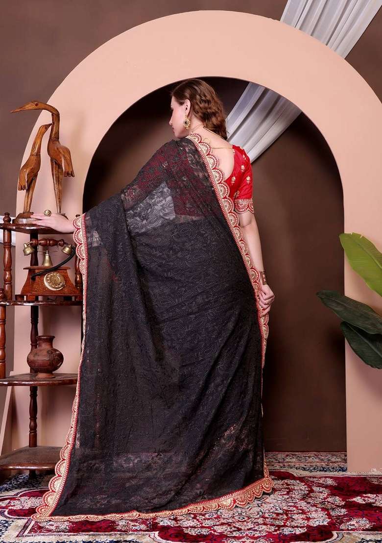 Black Thread Georgette Saree Set with Embroidered & Sequin for Diwali | Wedding & Festive Wear - Indya