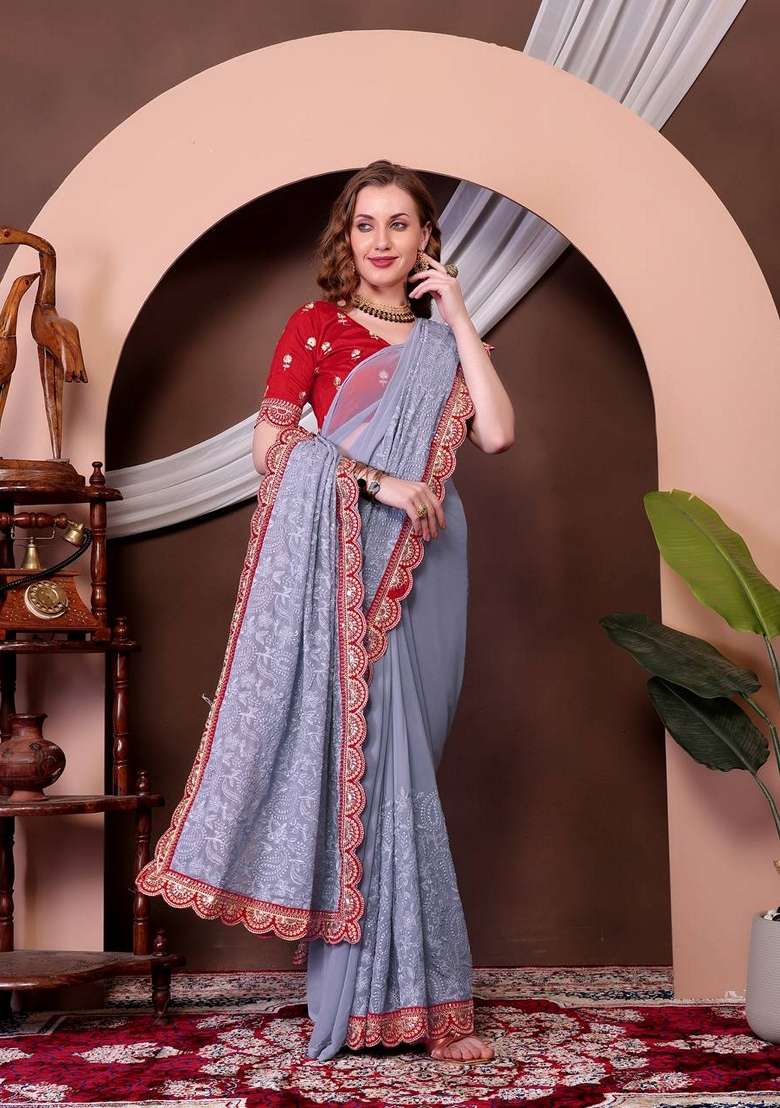 Grey Sequin Thread Embroidered Georgette Saree Set for Diwali and Festive Wear - Indya