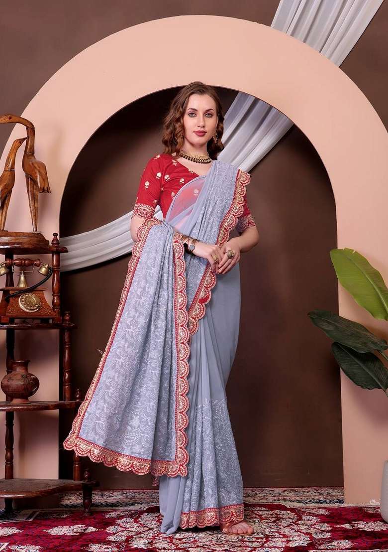Grey Sequin Thread Embroidered Georgette Saree Set for Diwali and Festive Wear - Indya