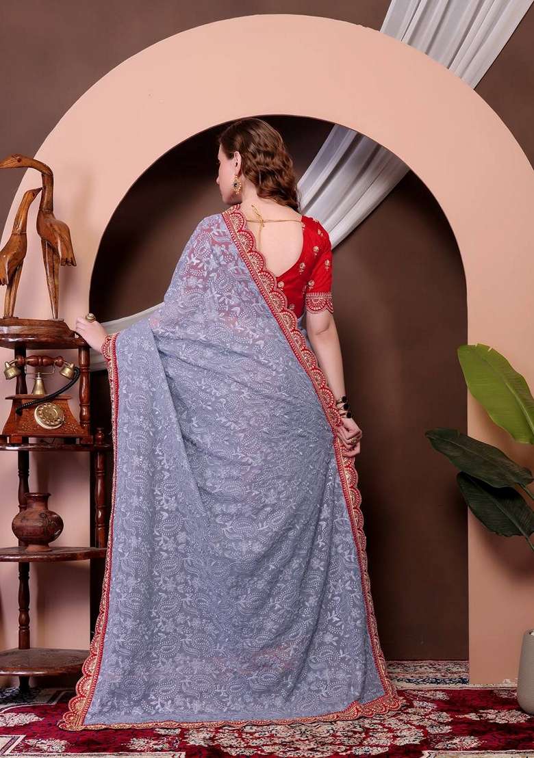 Grey Sequin Thread Embroidered Georgette Saree Set for Diwali and Festive Wear - Indya