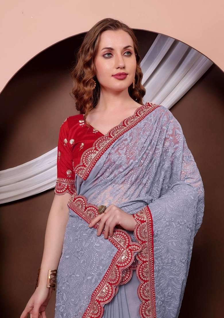 Grey Sequin Thread Embroidered Georgette Saree Set for Diwali and Festive Wear - Indya