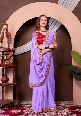 Lavender Sequin Thread Embroidered Georgette Saree Set
