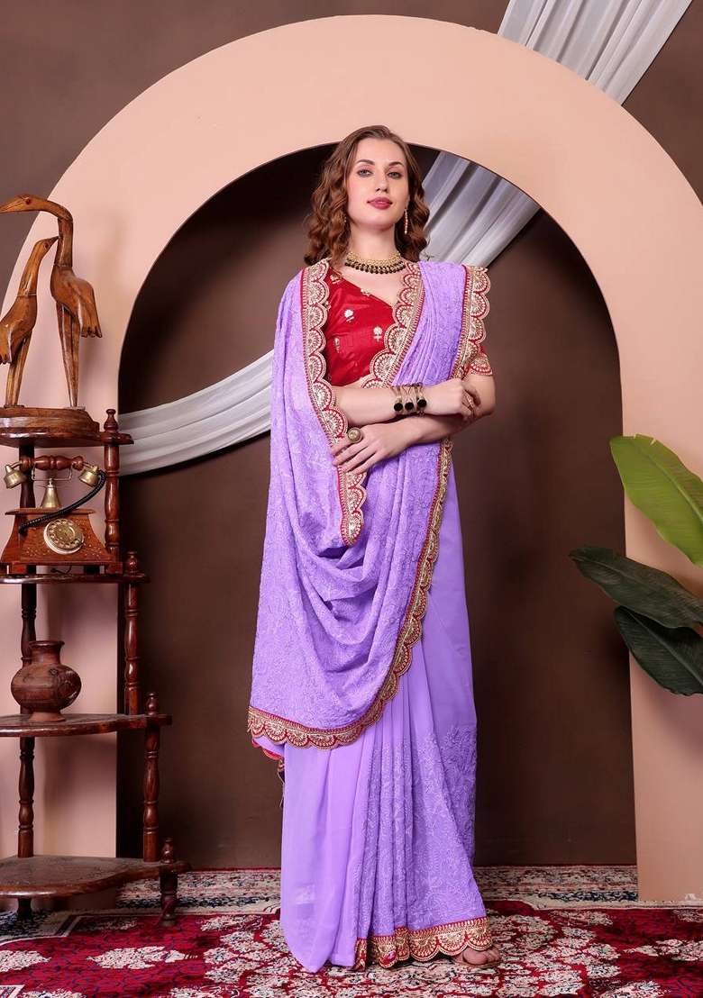 Lavender Sequin Thread Embroidered Georgette Saree Set for Diwali and Festive Wear - Indya