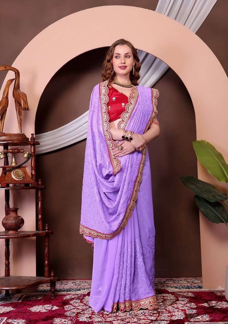Lavender Sequin Thread Embroidered Georgette Saree Set for Diwali and Festive Wear - Indya