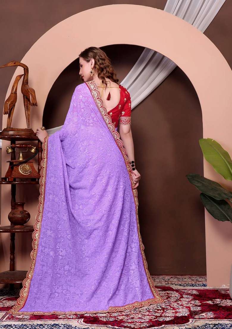 Lavender Sequin Thread Embroidered Georgette Saree Set for Diwali and Festive Wear - Indya