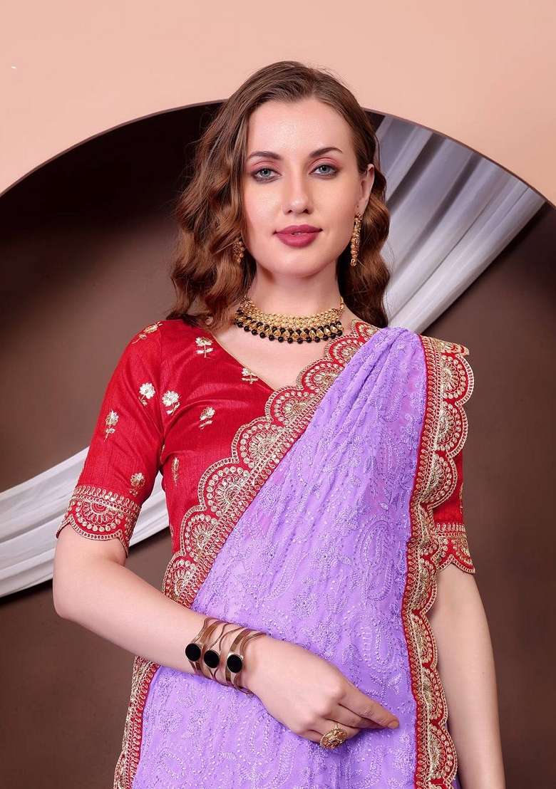 Lavender Sequin Thread Embroidered Georgette Saree Set for Diwali and Festive Wear - Indya