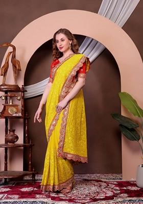 Yellow Sequin Thread Embroidered Georgette Saree Set