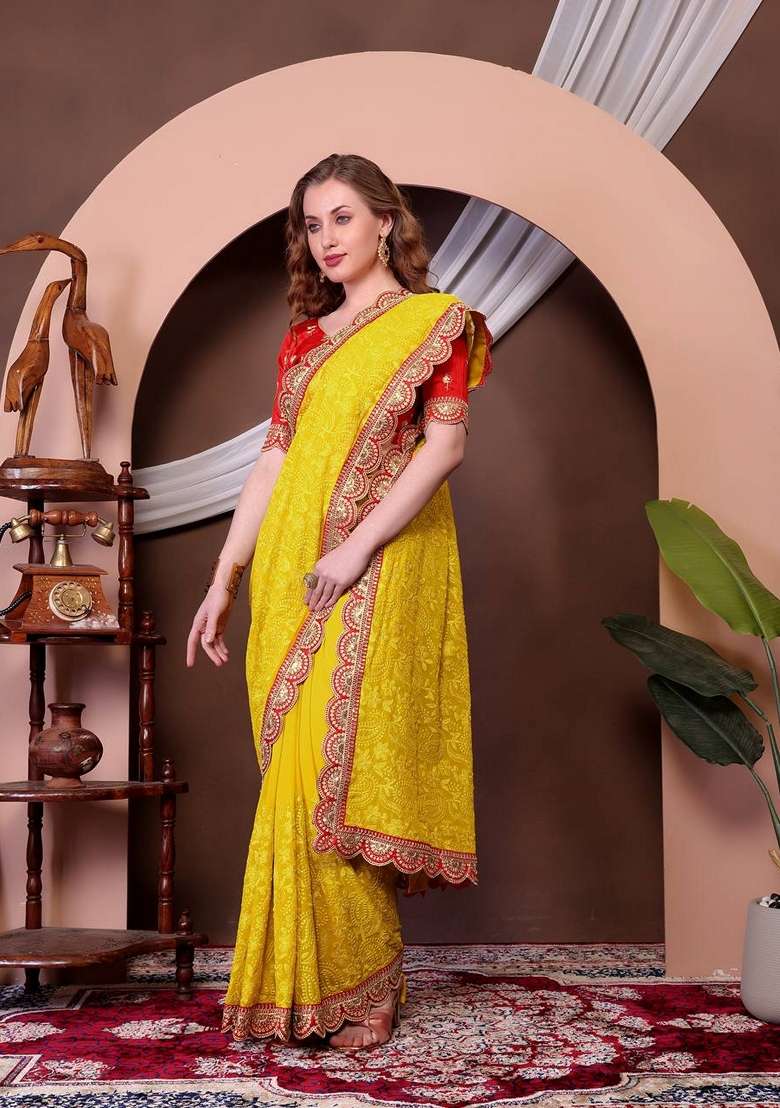 Yellow Thread Georgette Saree Set with Embroidered & Sequin for Diwali | Wedding & Festive Wear - Indya