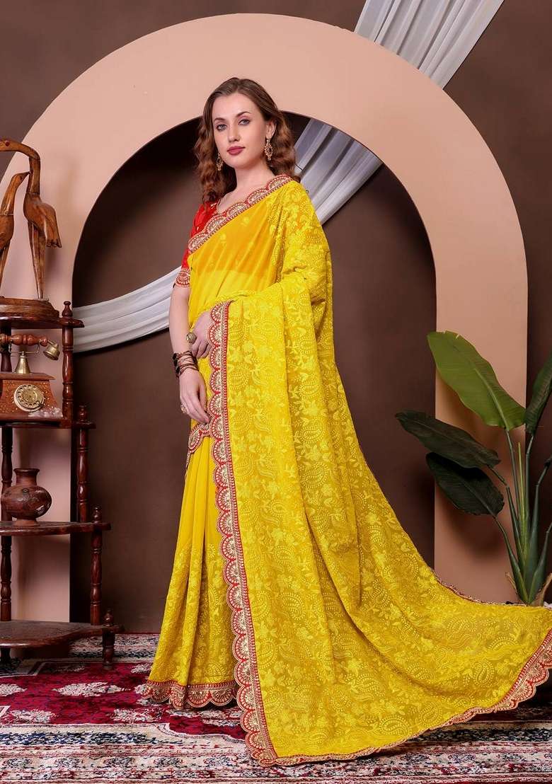 Yellow Thread Georgette Saree Set with Embroidered & Sequin for Diwali | Wedding & Festive Wear - Indya