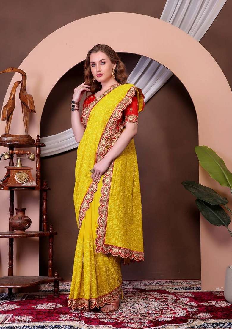 Yellow Thread Georgette Saree Set with Embroidered & Sequin for Diwali | Wedding & Festive Wear - Indya