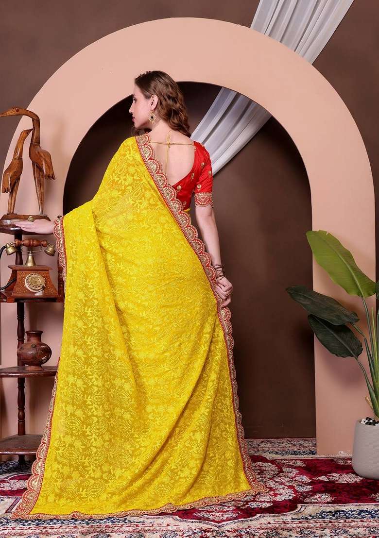 Yellow Thread Georgette Saree Set with Embroidered & Sequin for Diwali | Wedding & Festive Wear - Indya