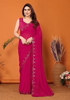 Pink Mirror Work Georgette Saree Set