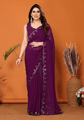 Purple Mirror Work Georgette Saree Set