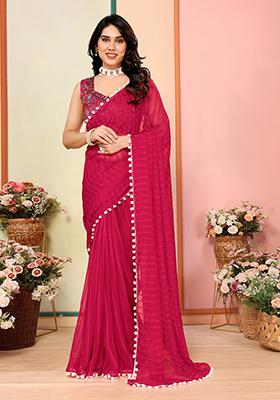 Pink Digital Print Georgette Patta Saree Set
