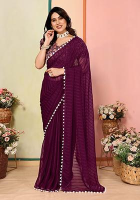 Purple Digital Print Georgette Patta Saree Set