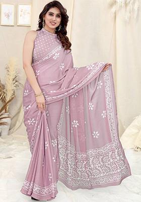 Pink Printed Chinon Chiffon Saree Set