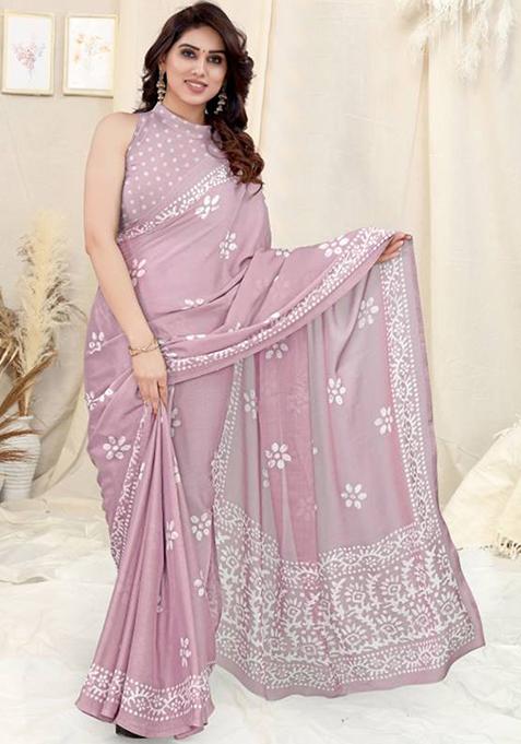 Pink Printed Chinon Chiffon Saree Set