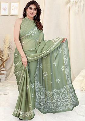 Pista Green Printed Chinon Chiffon Saree Set
