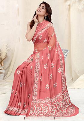 Peach Printed Chinon Chiffon Saree Set