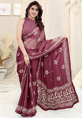 Wine Printed Chinon Chiffon Saree Set