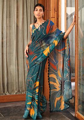 Multicolor Printed Bright Moss Saree Set