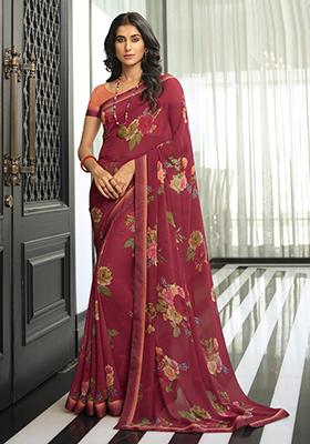 Maroon Printed Georgette Saree Set